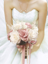 Champagne White Pink Bridal Toss Rose Hollow Lace Ribbon Handle Bouquet