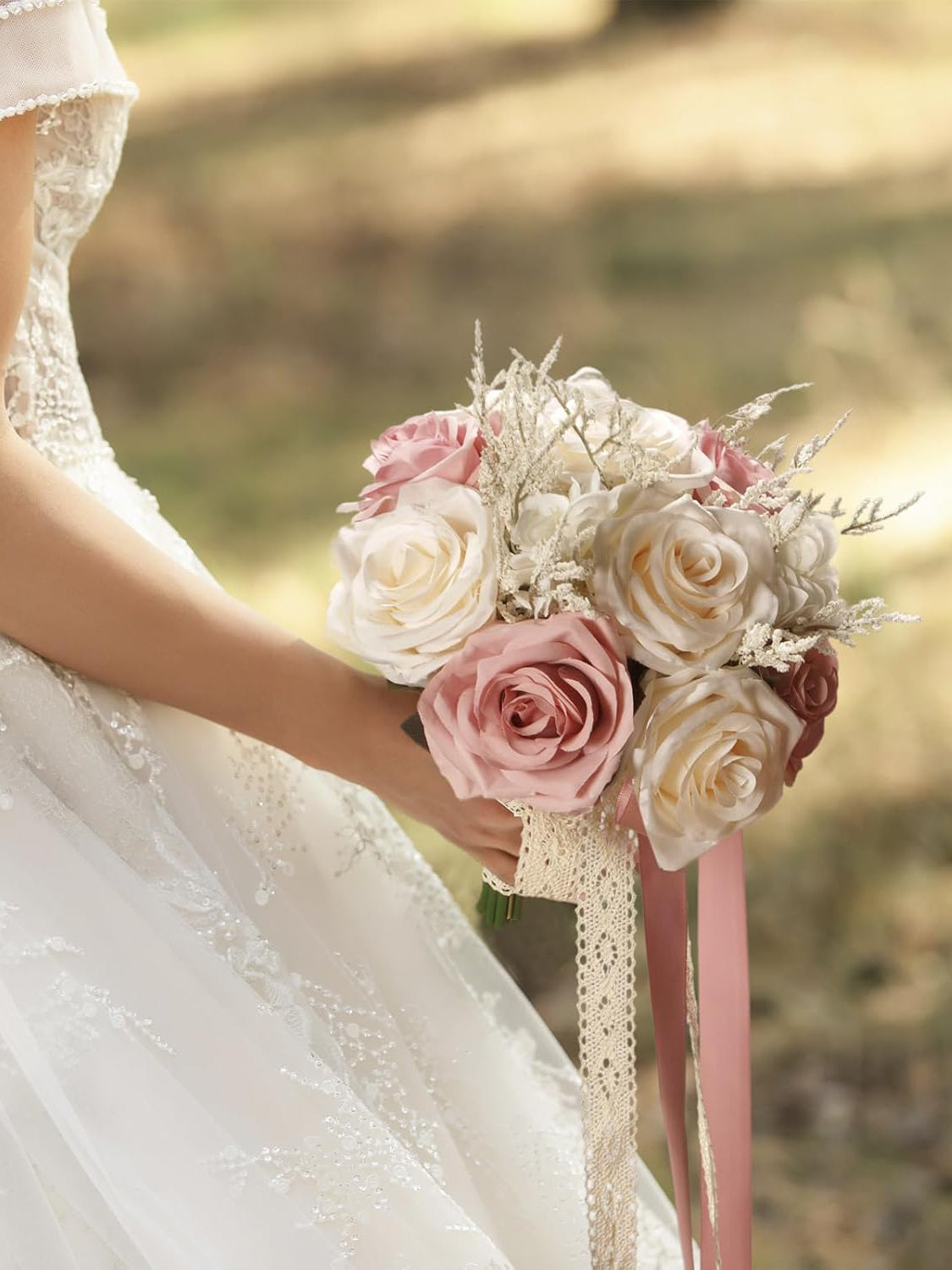 Champagne White Pink Bridal Toss Rose Hollow Lace Ribbon Handle Bouquet