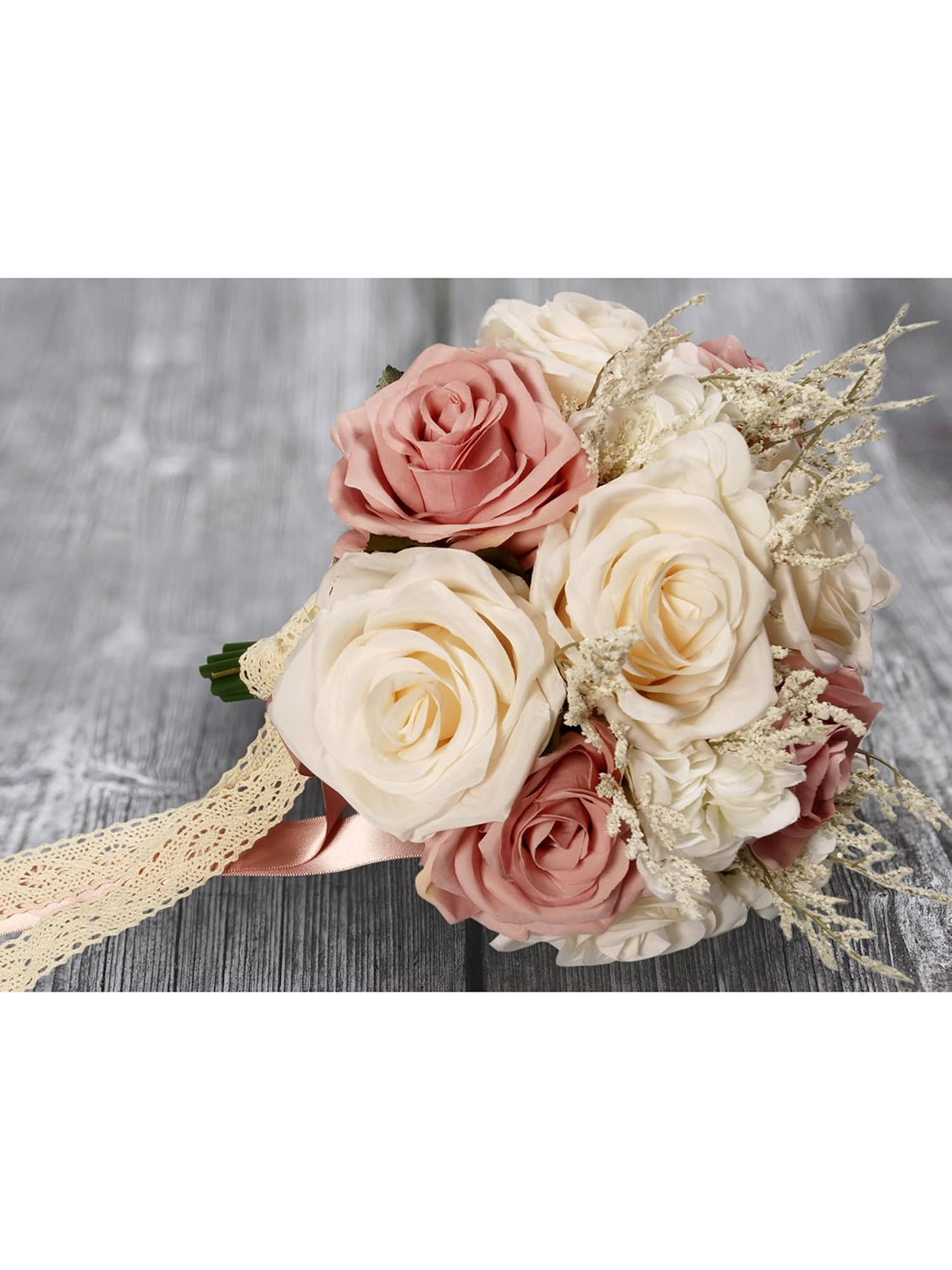 Champagne White Pink Bridal Toss Rose Hollow Lace Ribbon Handle Bouquet
