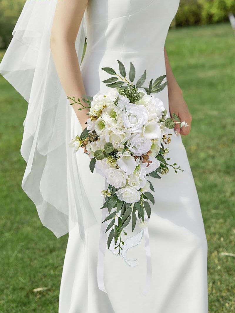 Bridal Bouquet Artificial White Rose 8in For Wedding Ceremony Decor