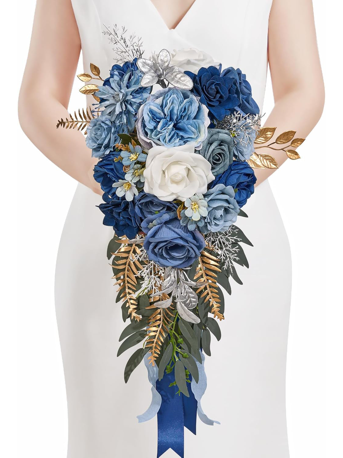 Blue Artificial Rose Bridal Bouquet For Wedding Ceremony 8 Inch