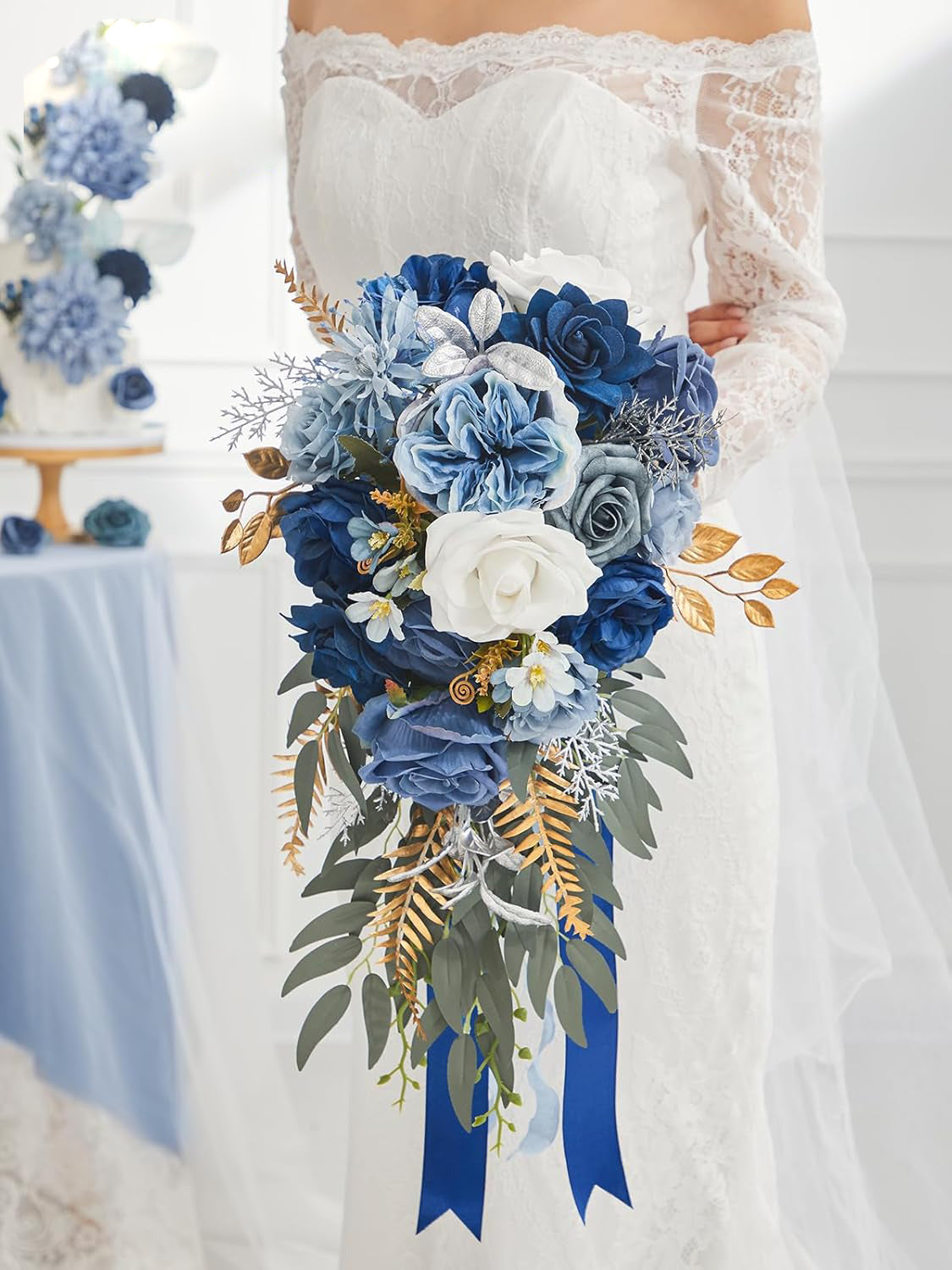 Blue Artificial Rose Bridal Bouquet For Wedding Ceremony 8 Inch