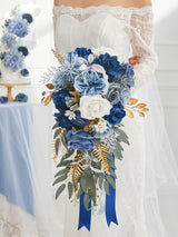 Blue Artificial Rose Bridal Bouquet For Wedding Ceremony 8 Inch