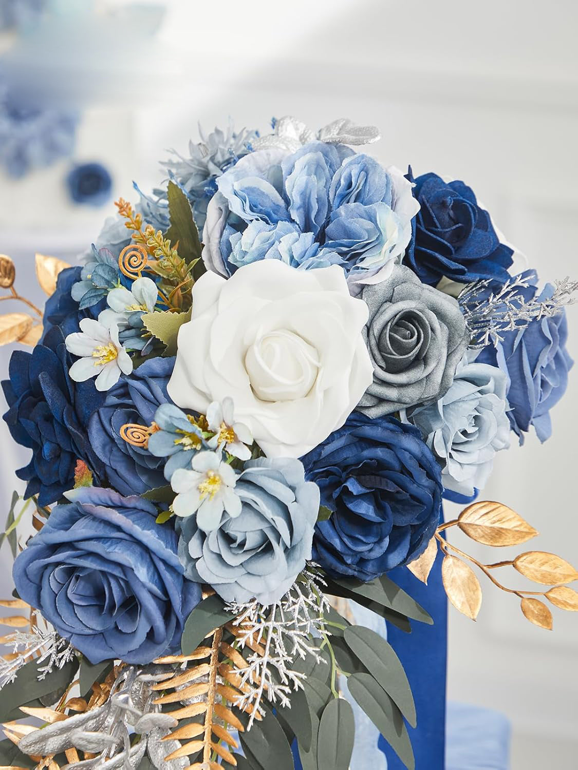 Blue Artificial Rose Bridal Bouquet For Wedding Ceremony 8 Inch