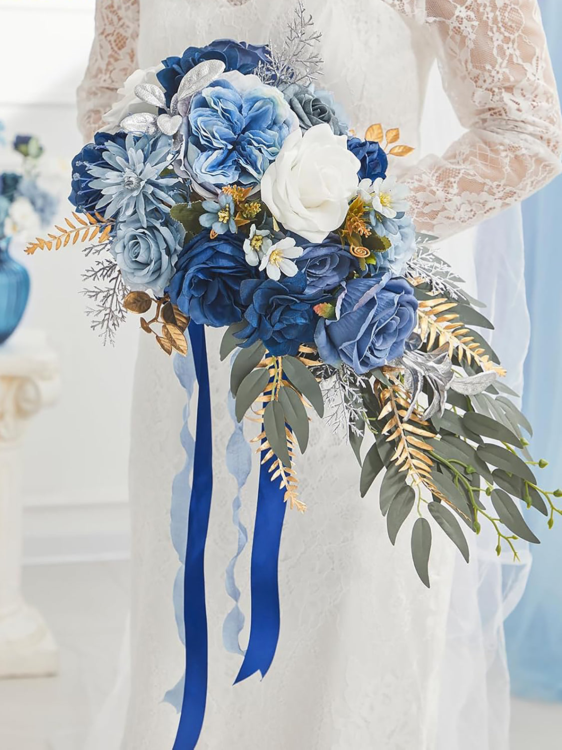 Blue Artificial Rose Bridal Bouquet For Wedding Ceremony 8 Inch