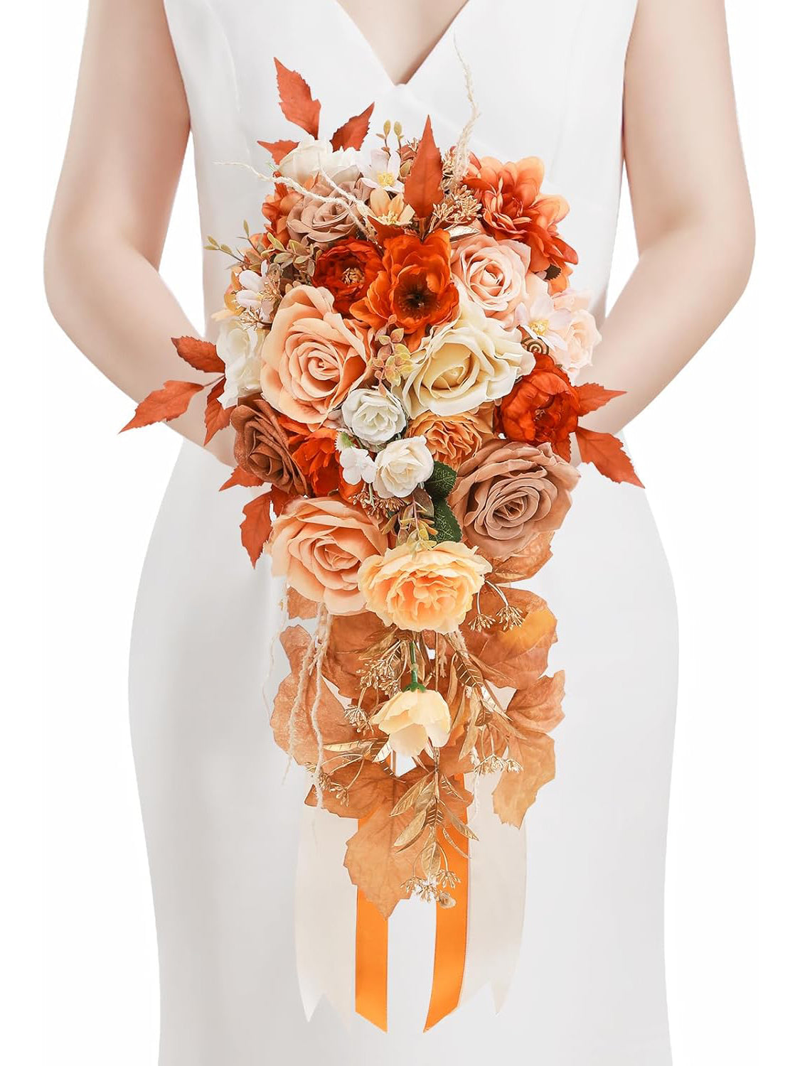 Artificial Orange Rose Bridal Bouquet 8in For Fall Wedding Ceremony