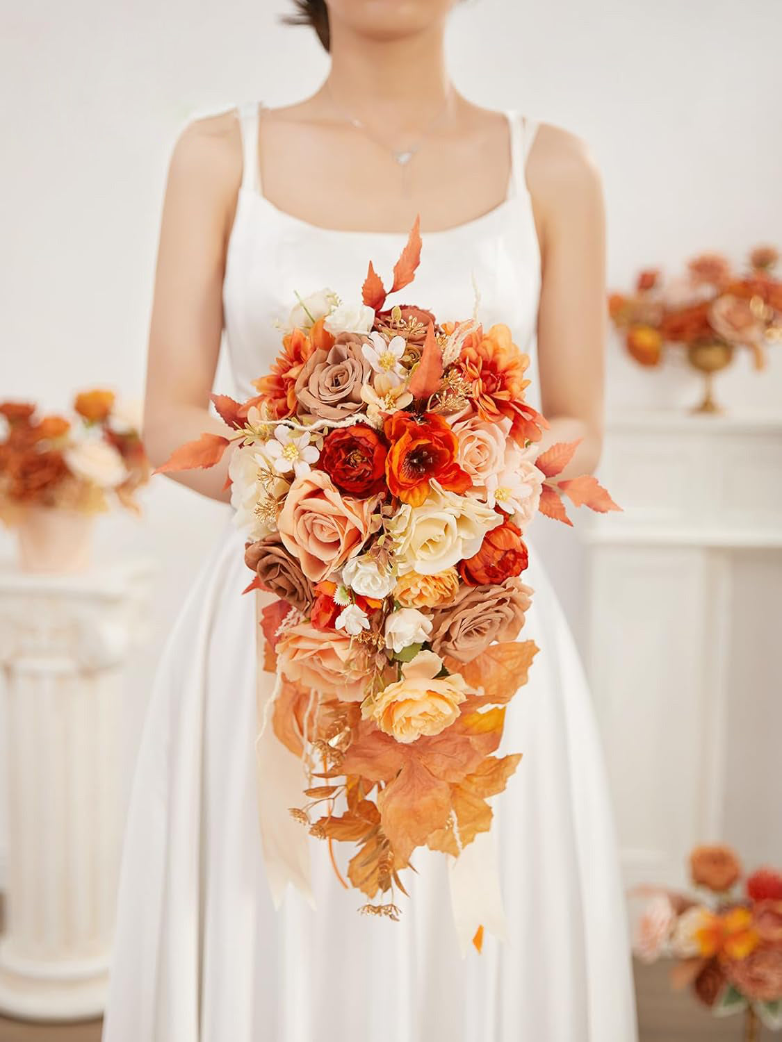 Artificial Orange Rose Bridal Bouquet 8in For Fall Wedding Ceremony