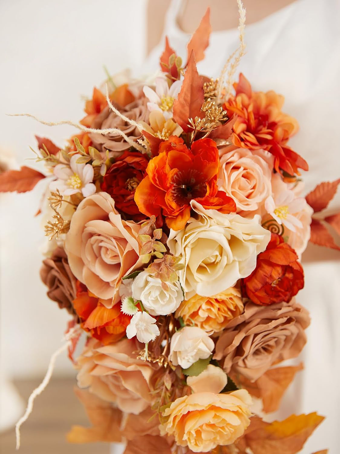 Artificial Orange Rose Bridal Bouquet 8in For Fall Wedding Ceremony