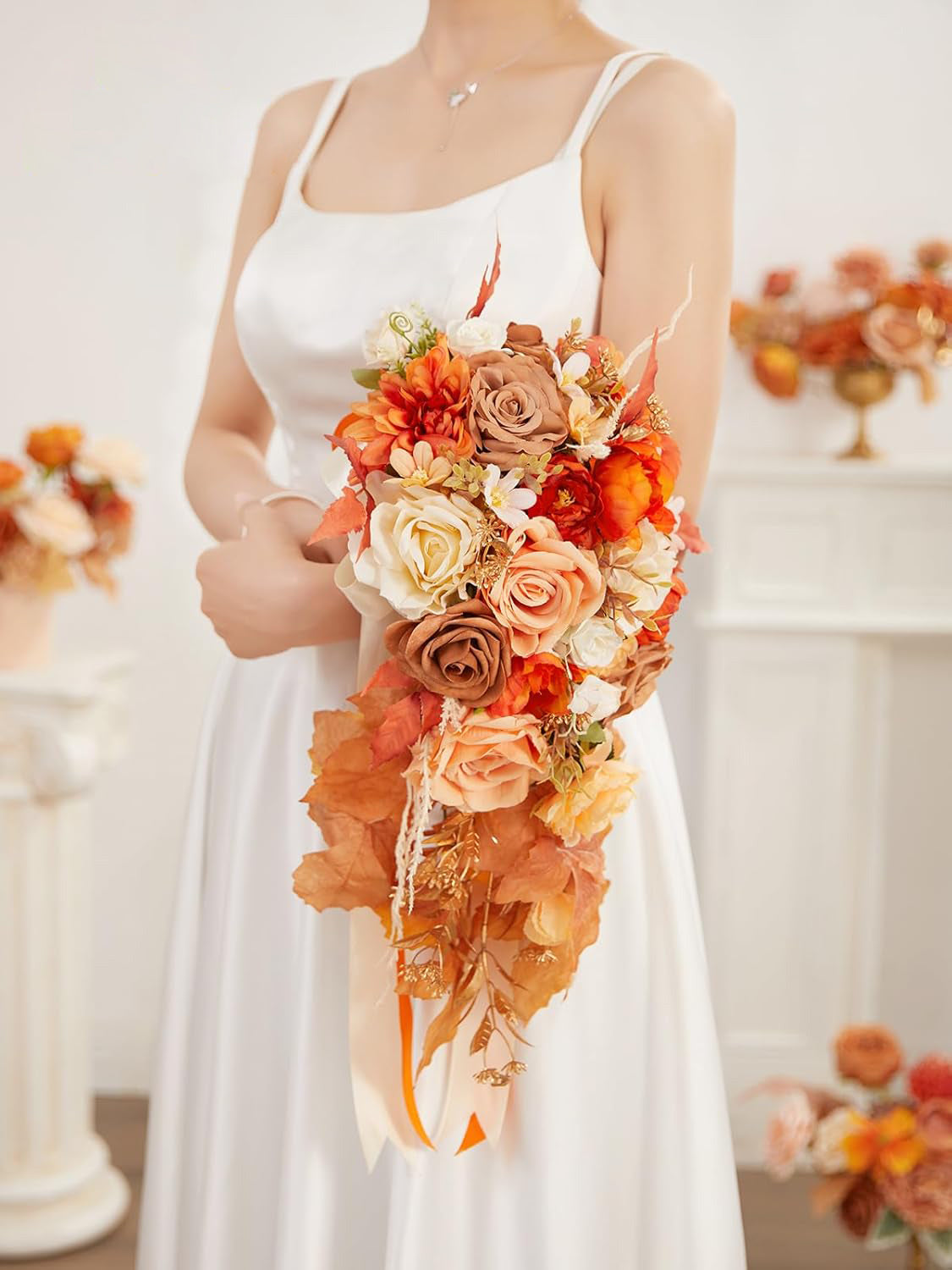Artificial Orange Rose Bridal Bouquet 8in For Fall Wedding Ceremony