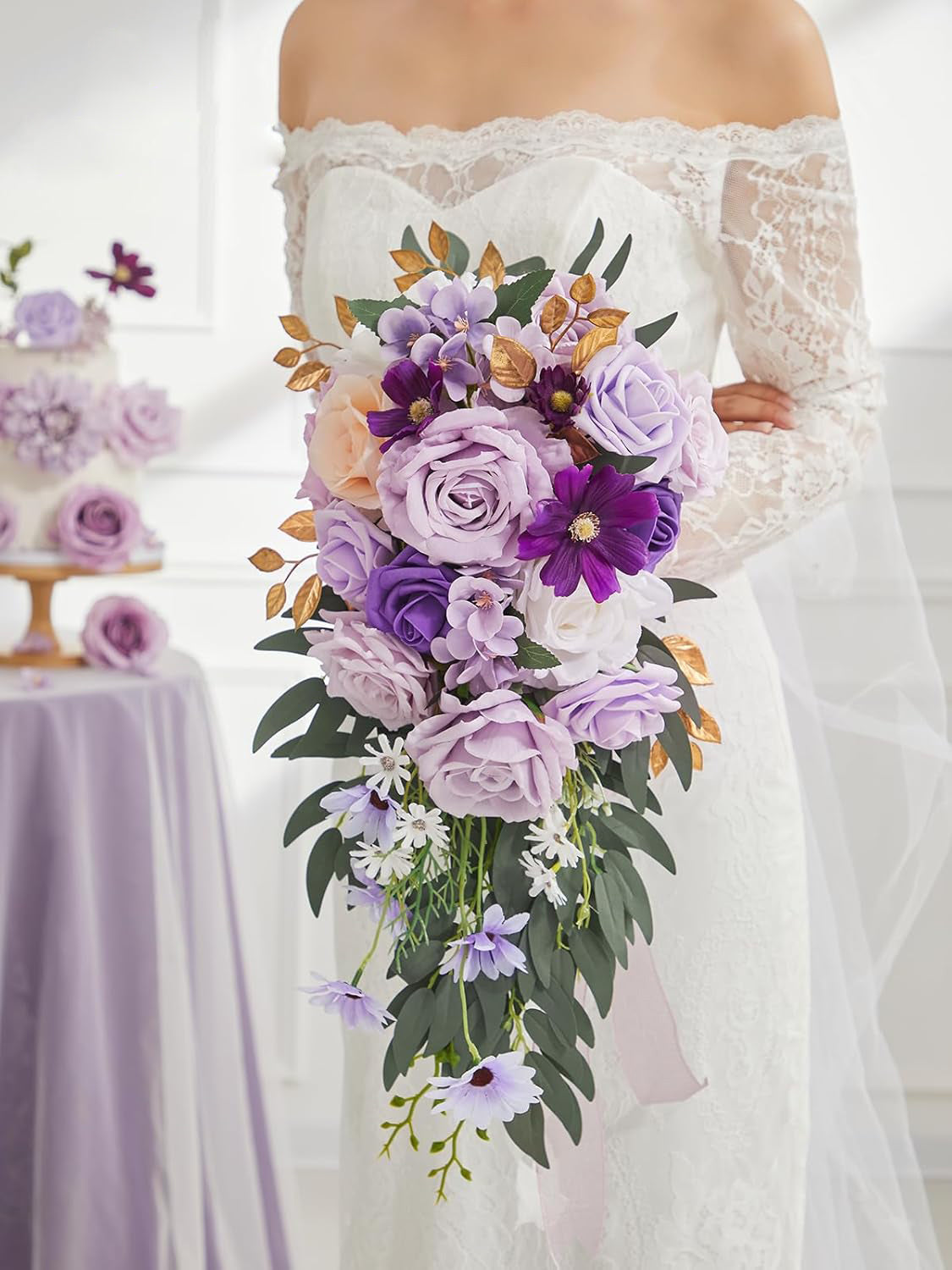 Purple Artificial Rose Wedding Bouquet 8In For Brides Rustic Ceremony Decor