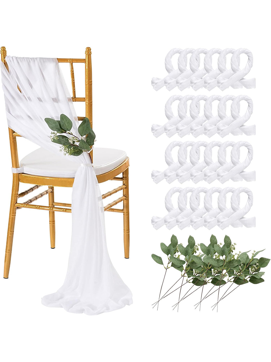 White Chair Sashes Draping Fabric 8ft Long Wedding Aisle Decorations, 24 Pack