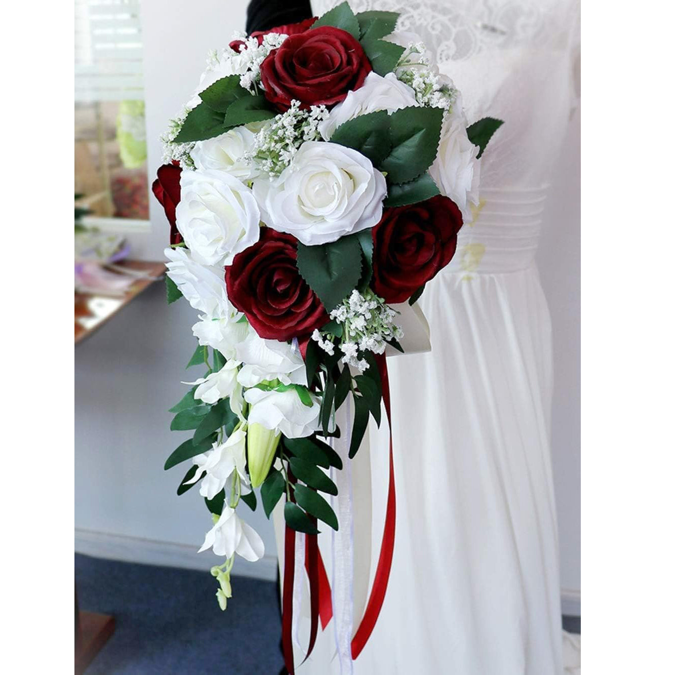 Artificial Rose Bridal Bouquet 11.8 Inch Red White Ribbon for Weddings