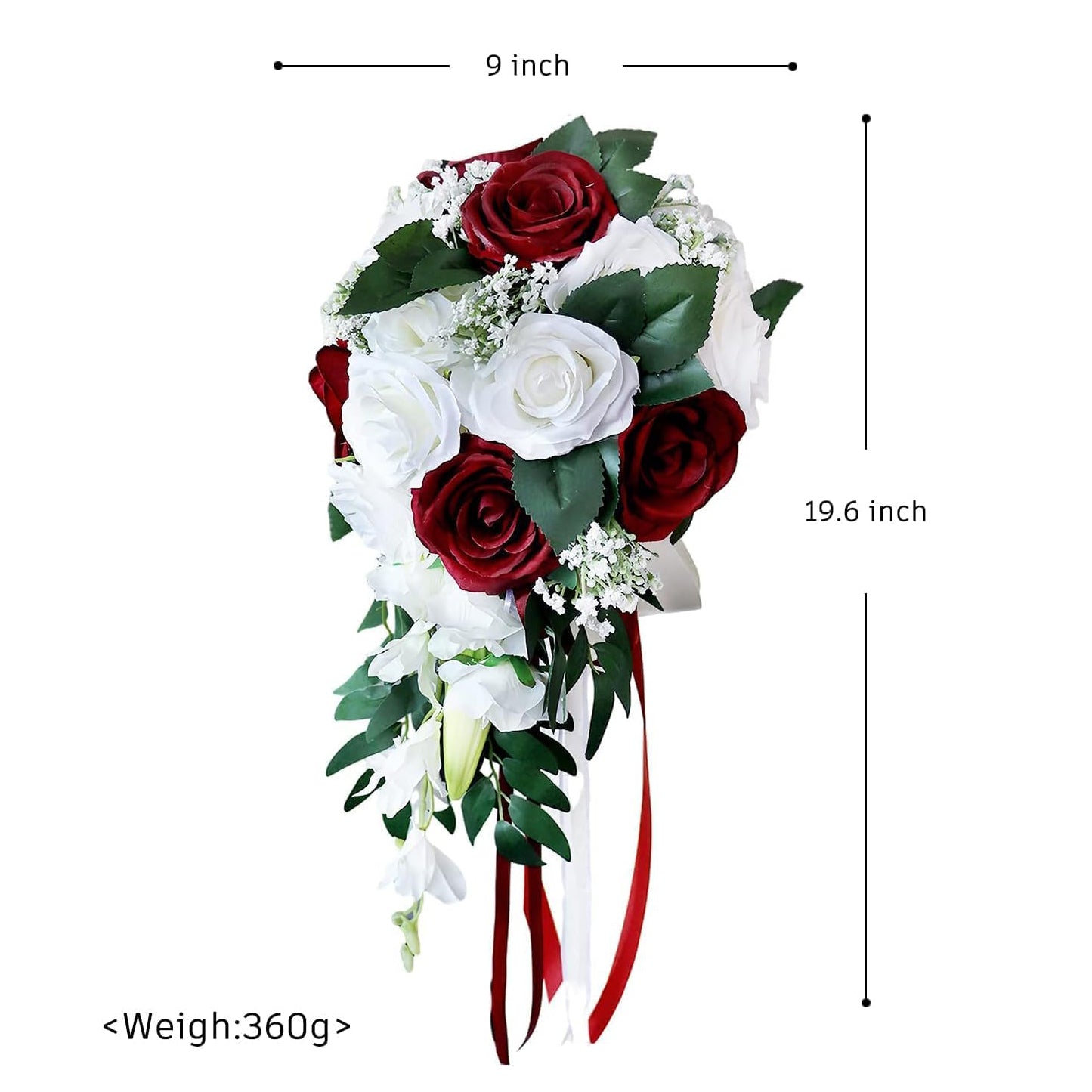 Artificial Rose Bridal Bouquet 11.8 Inch Red White Ribbon for Weddings