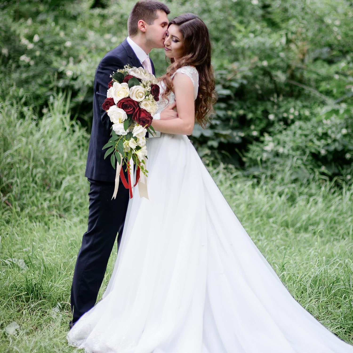 Artificial Rose Bridal Bouquet 11.8 Inch Red White Ribbon for Weddings