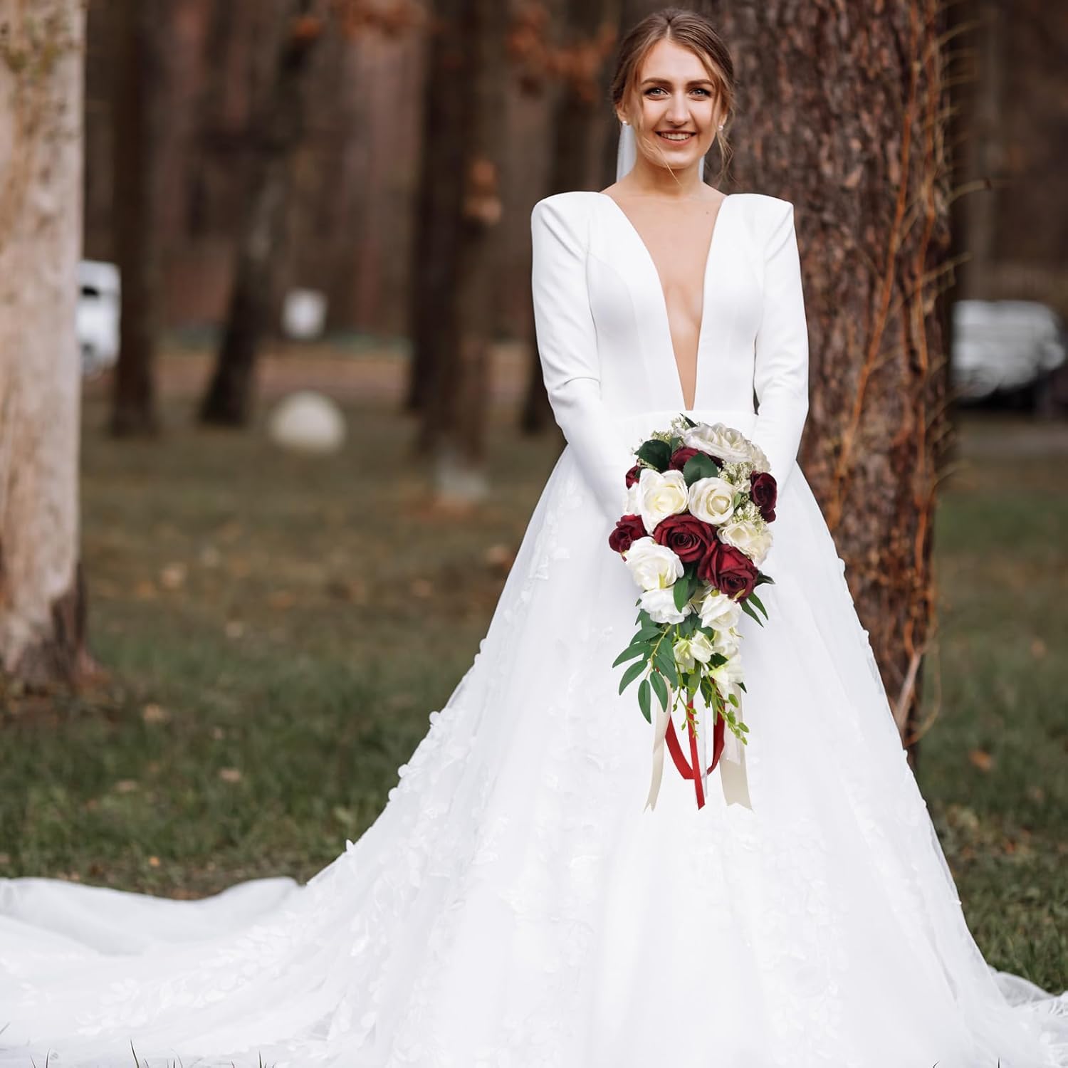 Artificial Rose Bridal Bouquet 11.8 Inch Red White Ribbon for Weddings