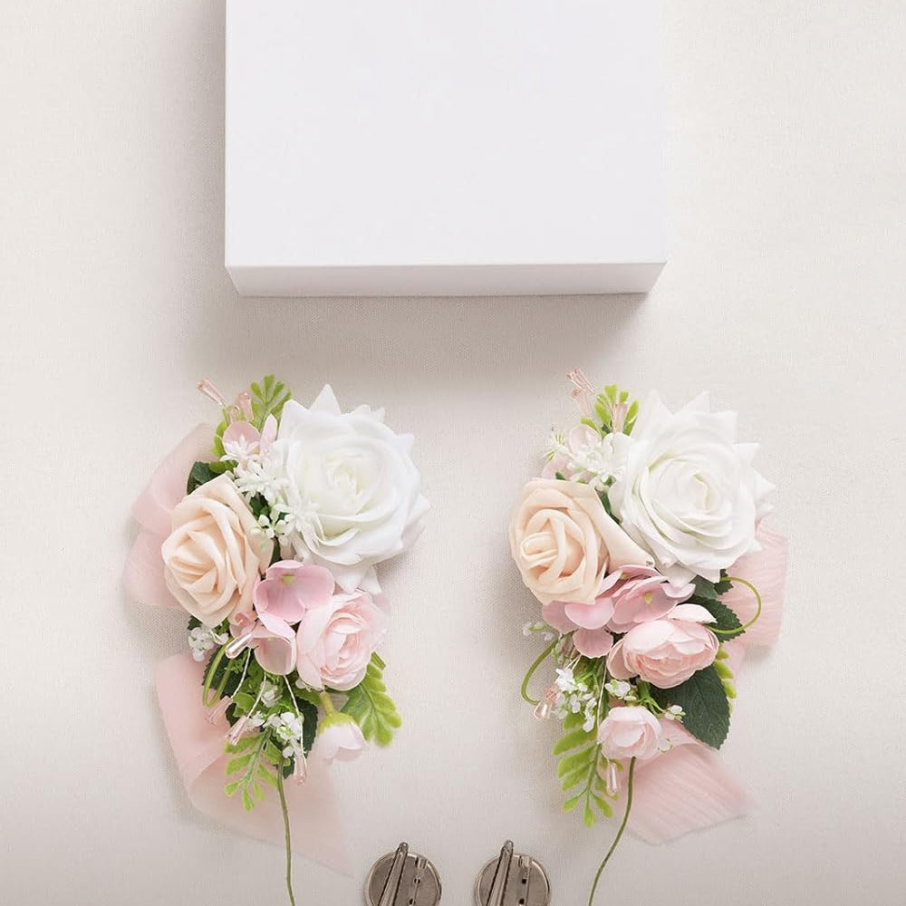 Blush Cream Prom Corsage Set Wrist And Shoulder Artificial Flowers 2pc