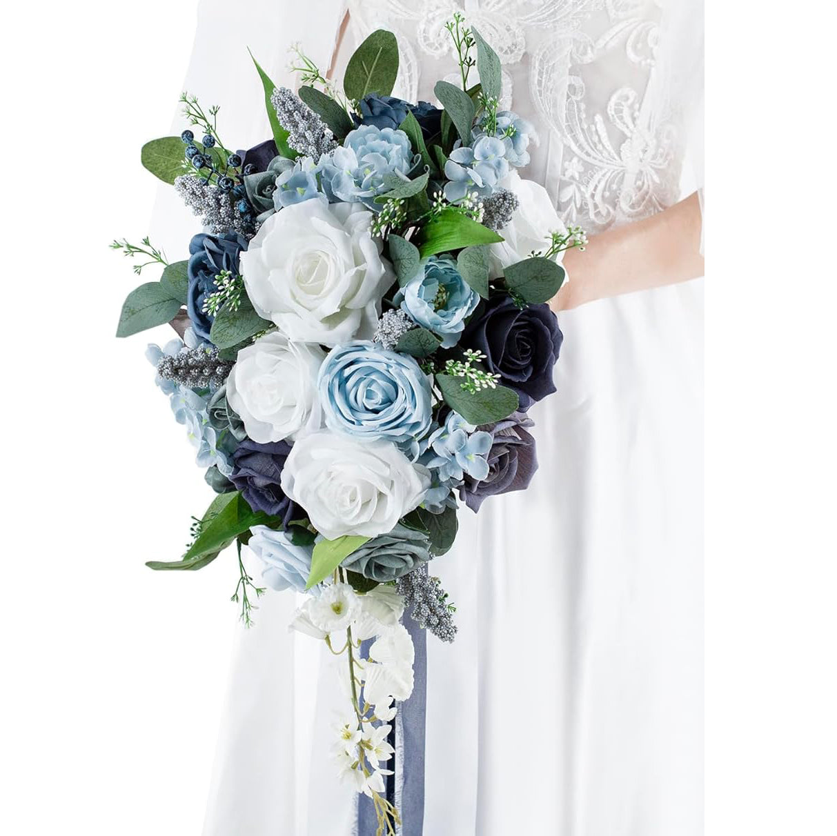 Dusty Blue Bridal Bouquet Artificial Roses 10 Inch Wedding