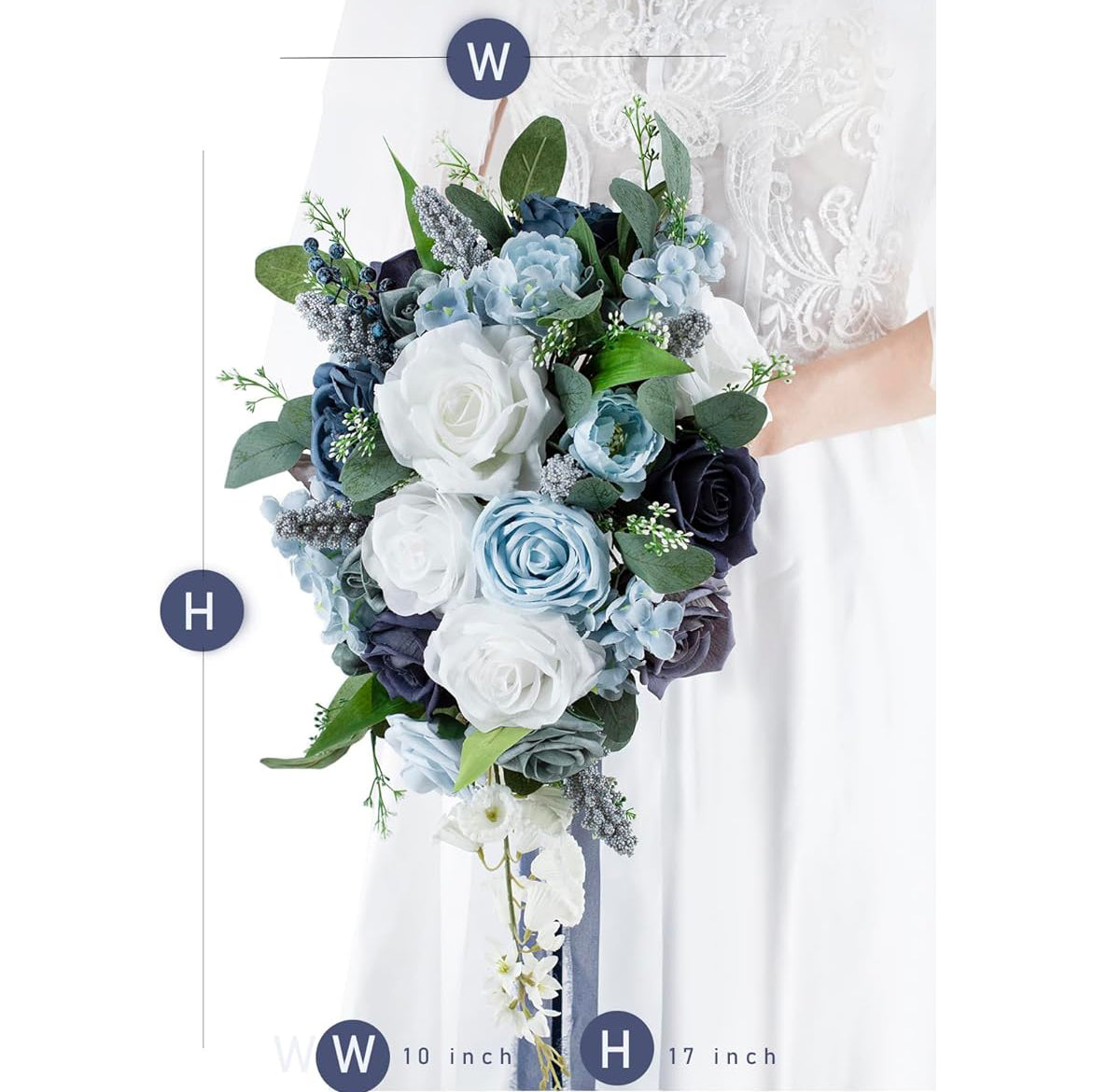 Dusty Blue Bridal Bouquet Artificial Roses 10 Inch Wedding