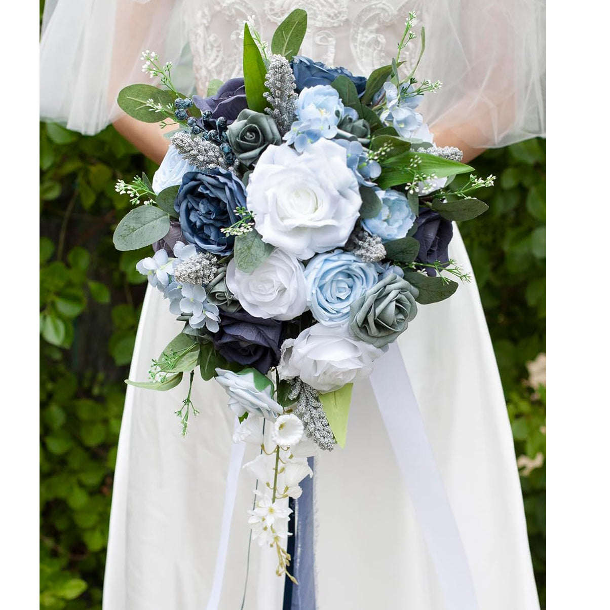 Dusty Blue Bridal Bouquet Artificial Roses 10 Inch Wedding