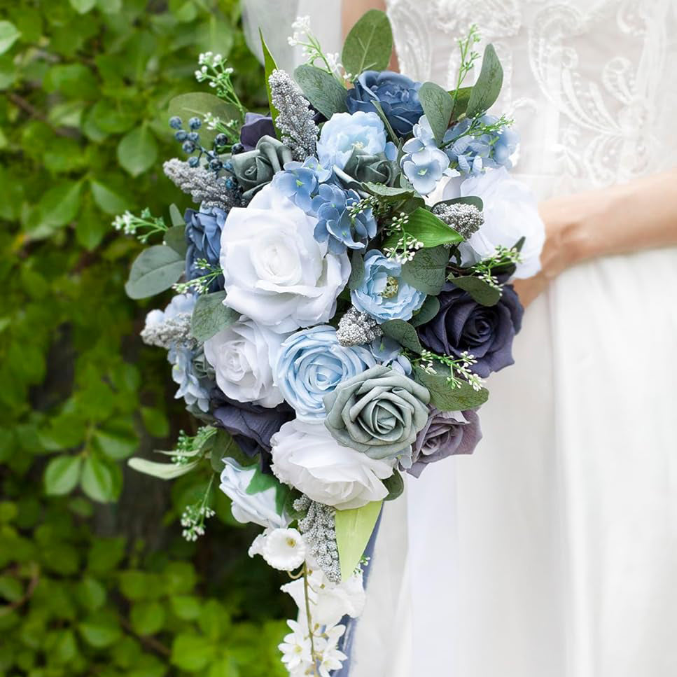 Dusty Blue Bridal Bouquet Artificial Roses 10 Inch Wedding