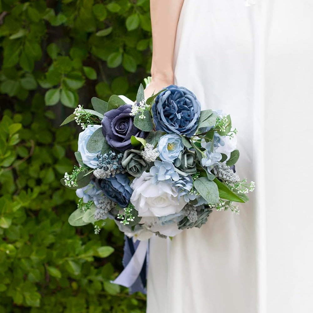 Dusty Blue Bridal Bouquet Artificial Roses 10 Inch Wedding