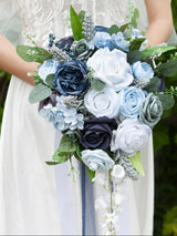 Dusty Blue Bridal Bouquet Artificial Roses 10 Inch Wedding