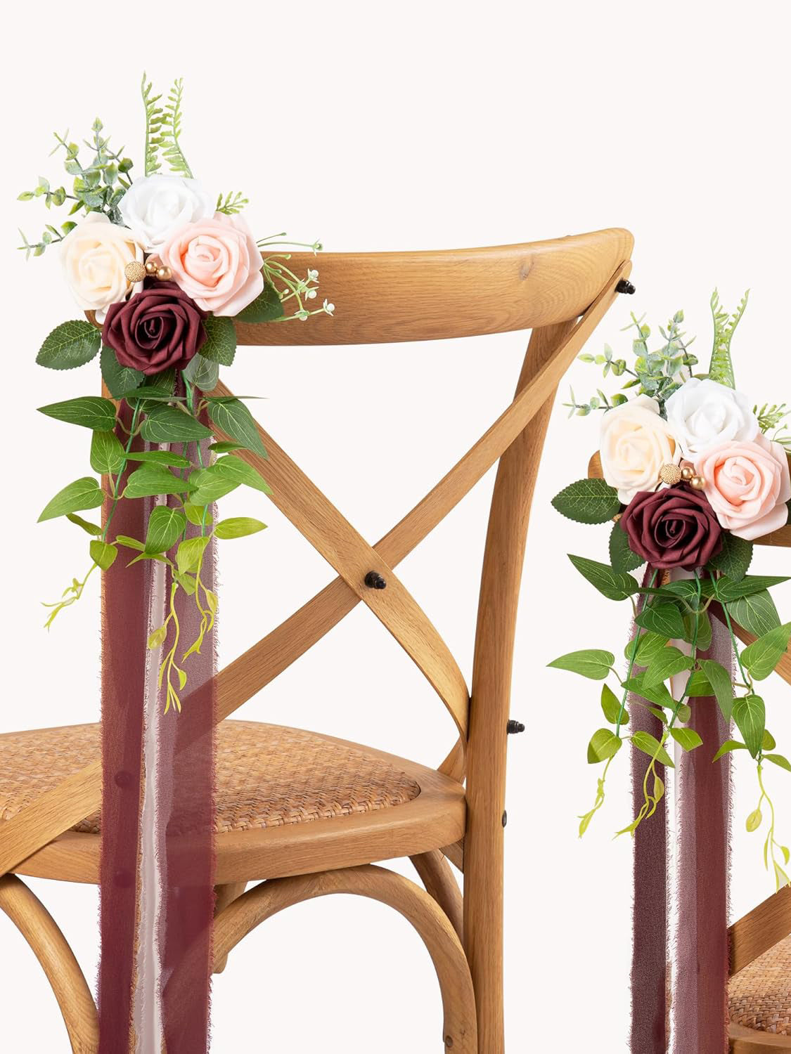 Burgundy Rose Wedding Aisle Pew Flowers Set Of 10 With Ribbons