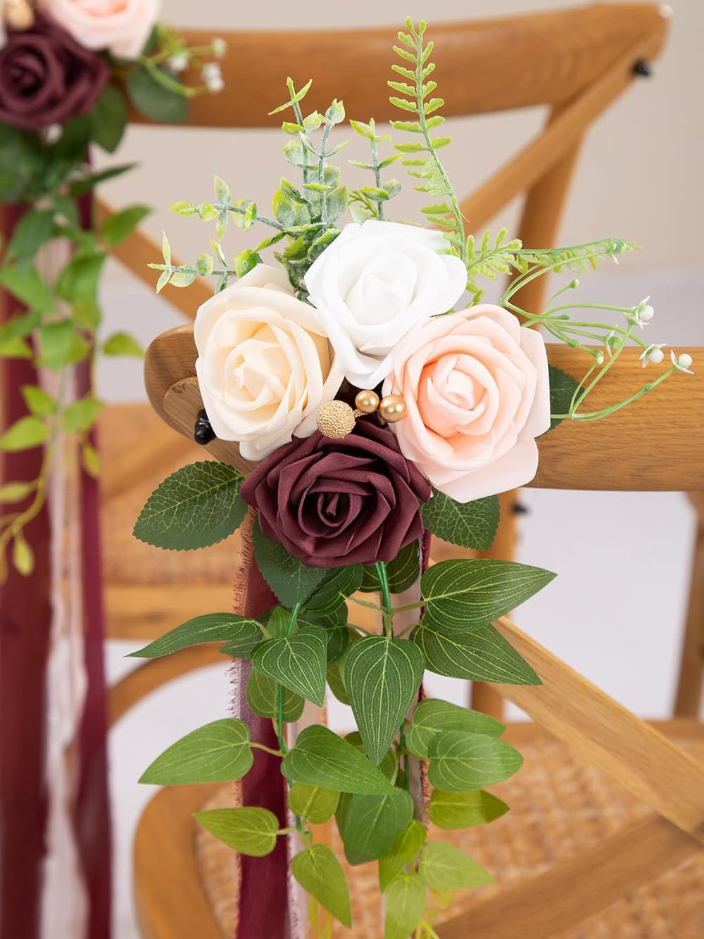 Burgundy Rose Wedding Aisle Pew Flowers Set Of 10 With Ribbons