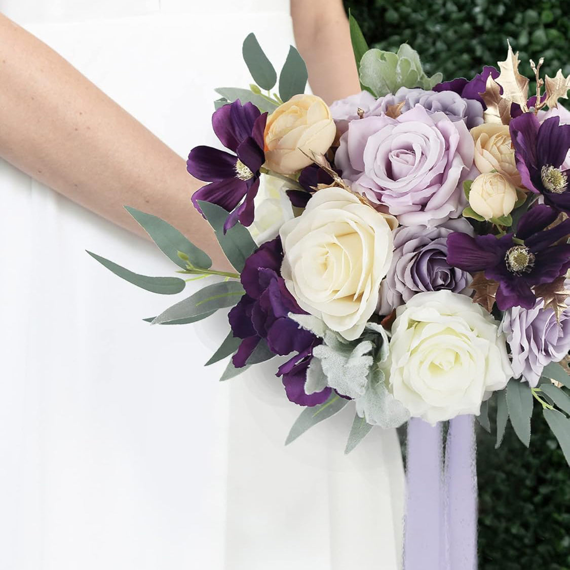 Violet Silk Bridal Bouquet 11 Inch for Wedding Ceremony