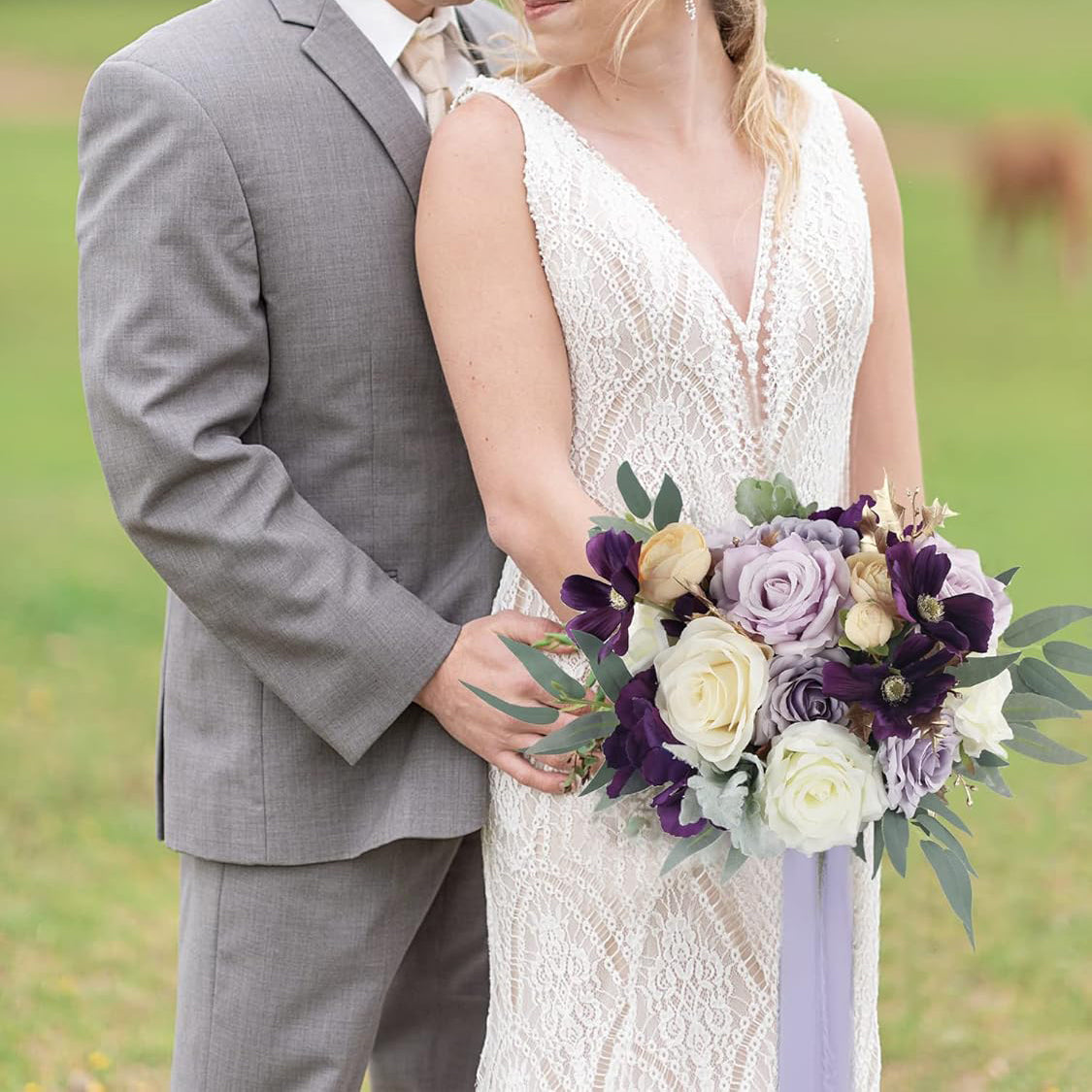 Violet Silk Bridal Bouquet 11 Inch for Wedding Ceremony