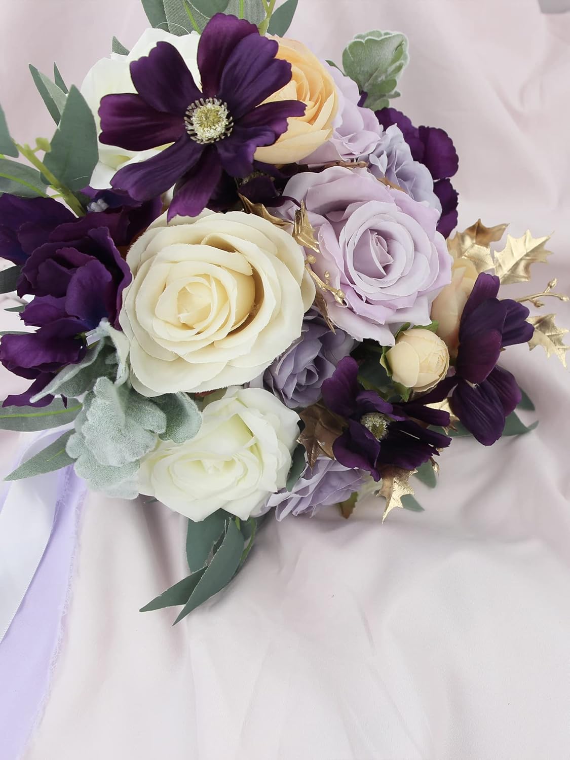 Violet Silk Bridal Bouquet 11 Inch for Wedding Ceremony