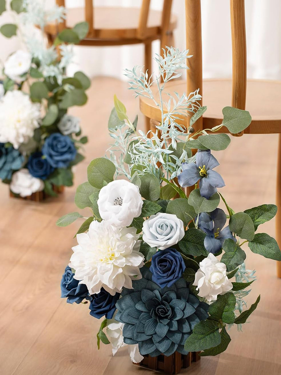 Standing Artificial Rose Arrangements 17.5in Dusty Blue Navy White Aisle Decor