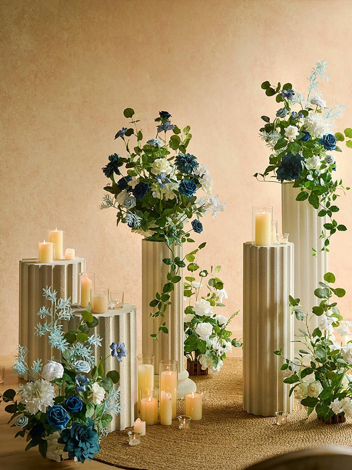 Standing Artificial Rose Arrangements 17.5in Dusty Blue Navy White Aisle Decor