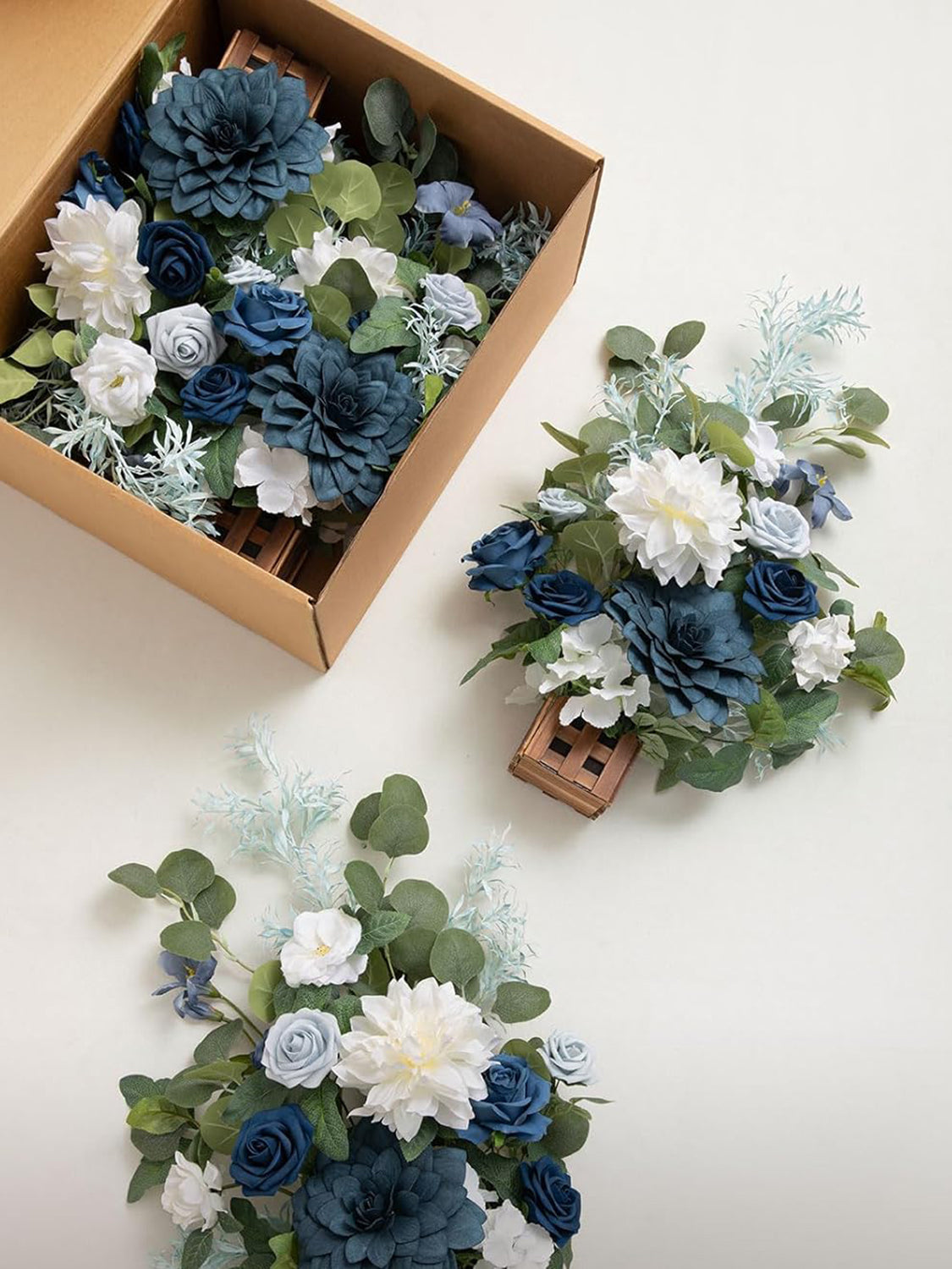 Standing Artificial Rose Arrangements 17.5in Dusty Blue Navy White Aisle Decor