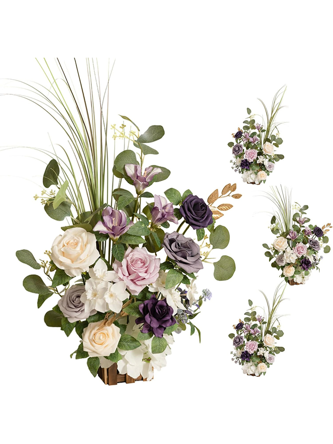 Lilac & Gold Standing Artificial Rose Arrangements Aisle Decor 17.5in Set Of 4