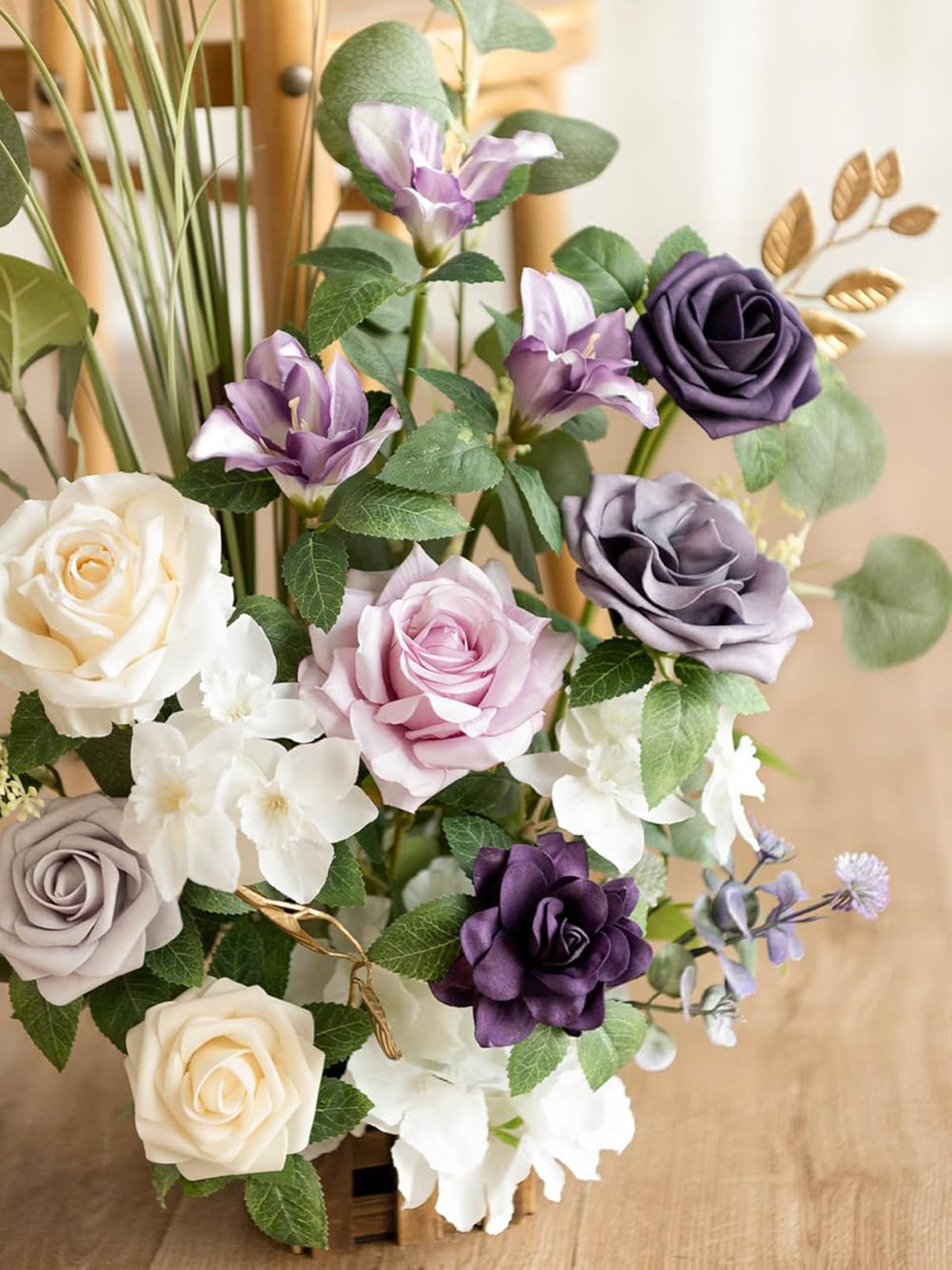 Lilac & Gold Standing Artificial Rose Arrangements Aisle Decor 17.5in Set of 4