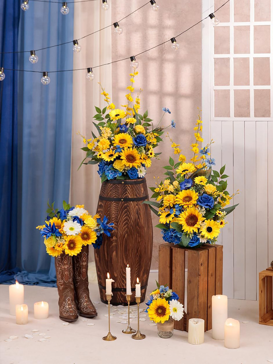 Sunflower&Royal Blue Free-Standing Artificial Sunflower 2-Pack Aisle Decorations