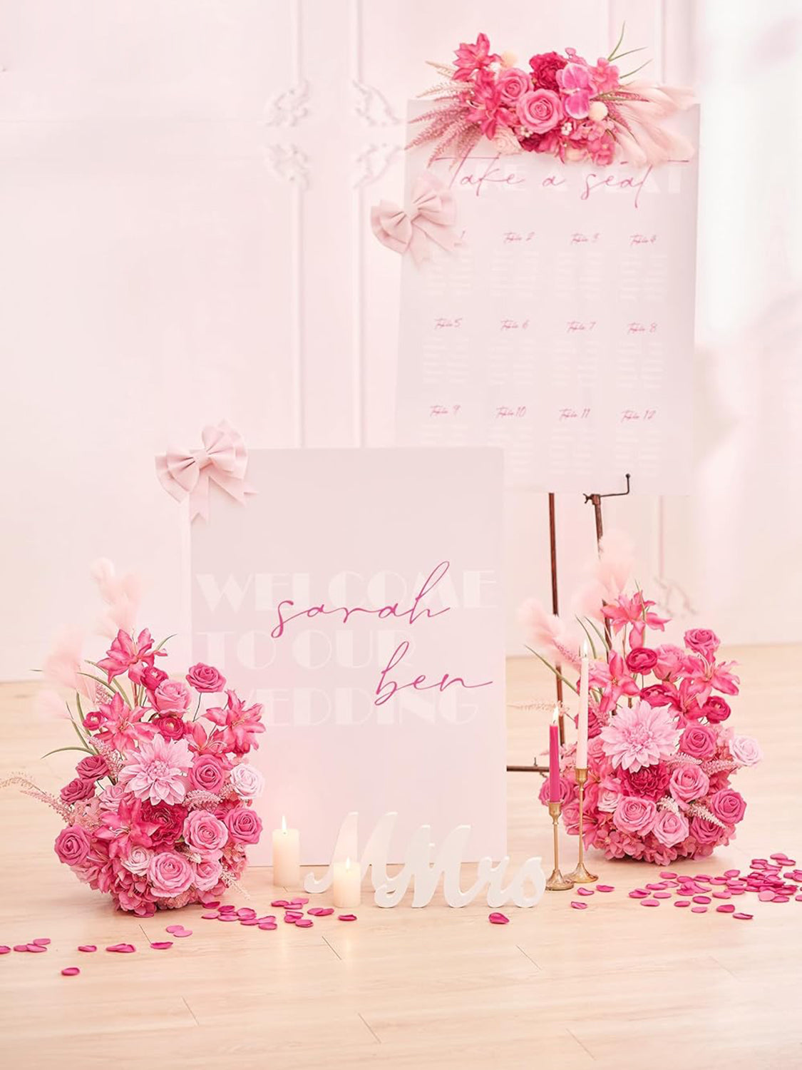 Hot Pink Free Standing Silk Flower Set Of 2 For Aisle Decorations