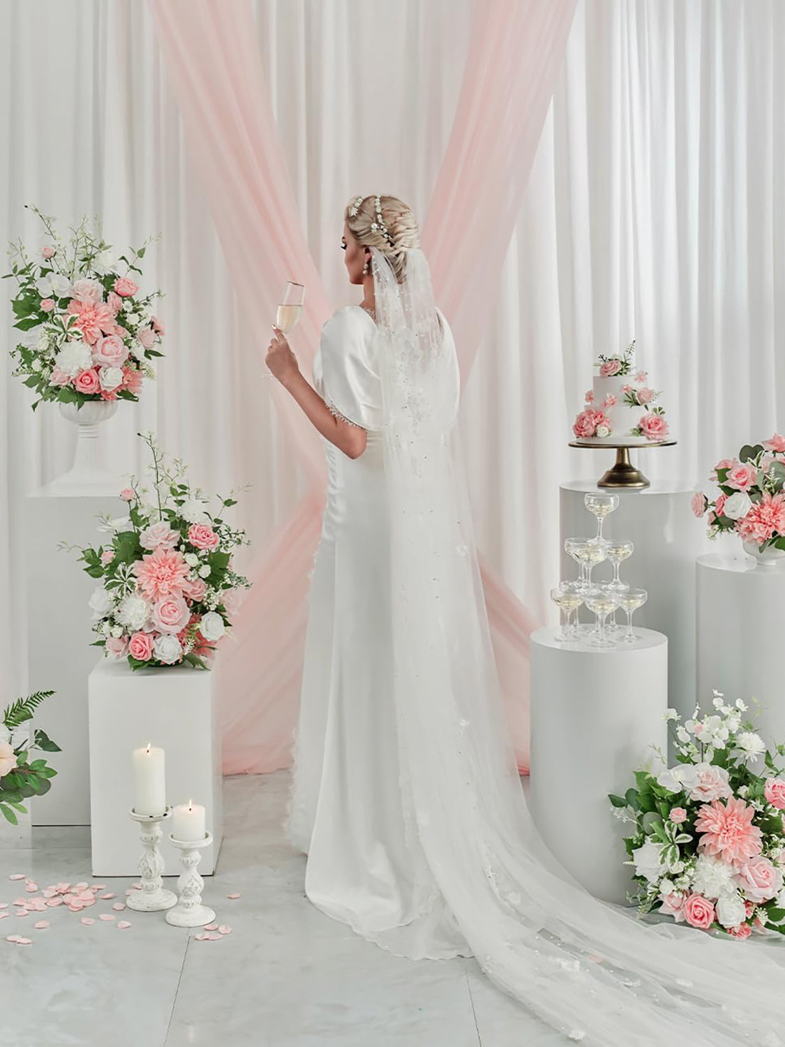 Peach Pink White Free Standing Silk Flower Set For Wedding Aisle Decor