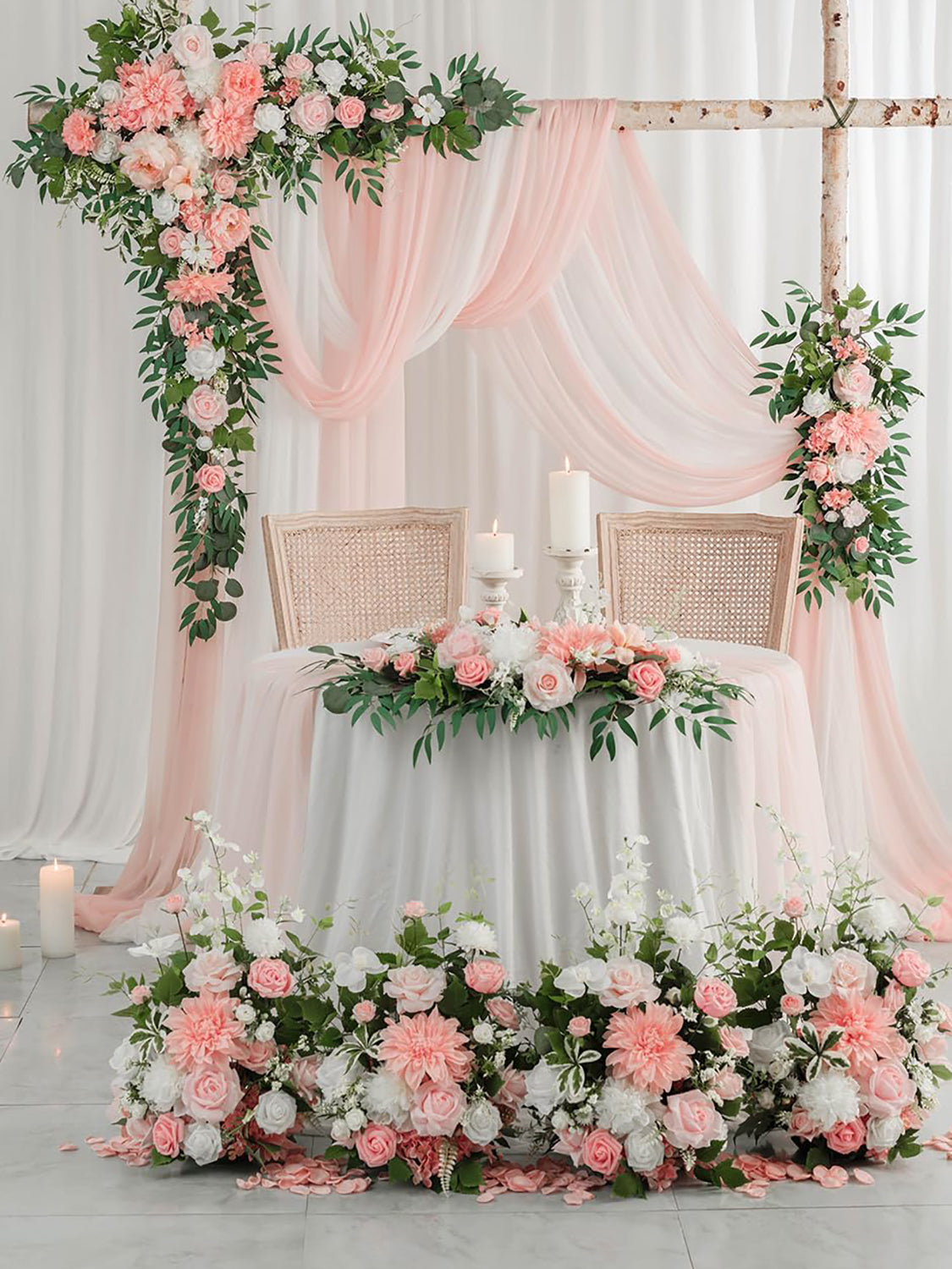 Peach Pink White Free Standing Silk Flower Set For Wedding Aisle Decor