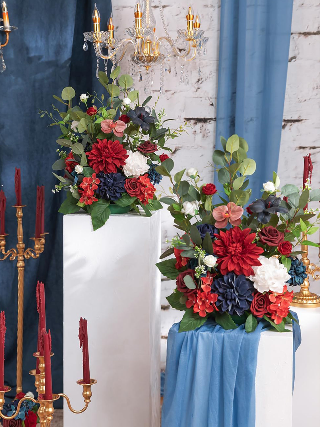 Red Navy Blue Free Standing Silk Flower Set Of Two Aisle Decorations