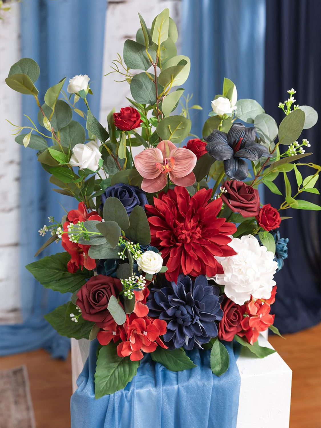 Red Navy Blue Free Standing Silk Flower Set Of Two Aisle Decorations