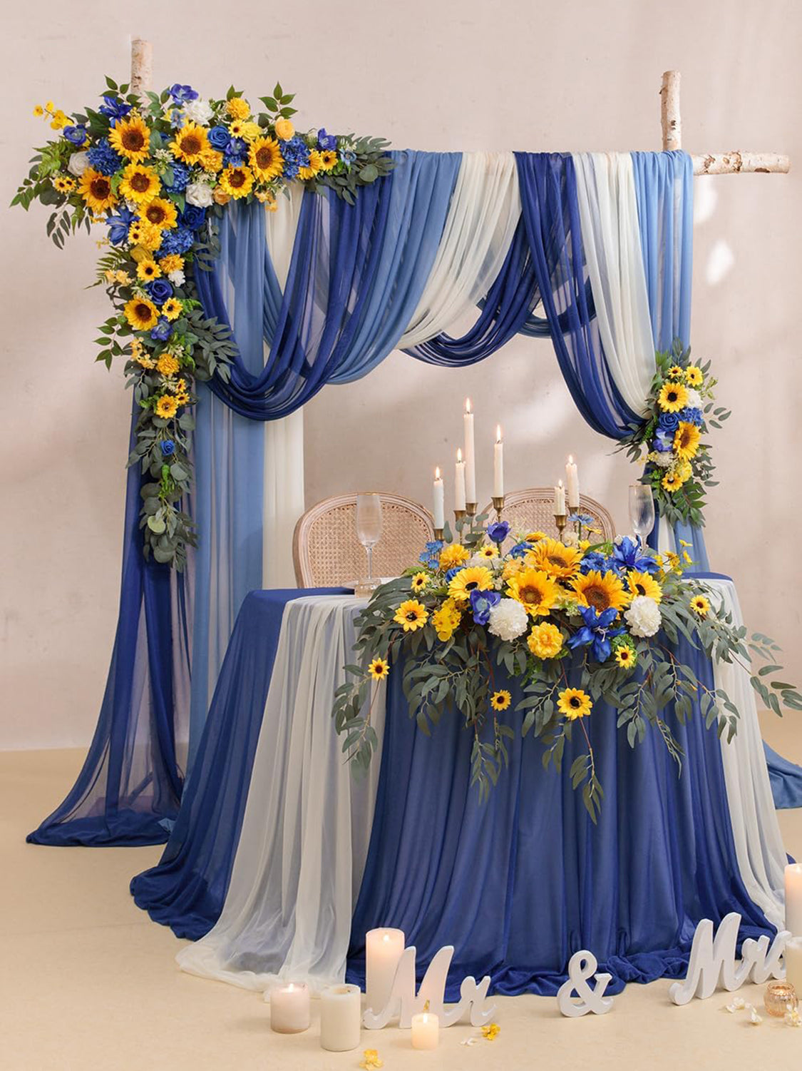 Sunflower and Royal Blue Silk Flowers for Wedding Arch Decoration Pack of 5