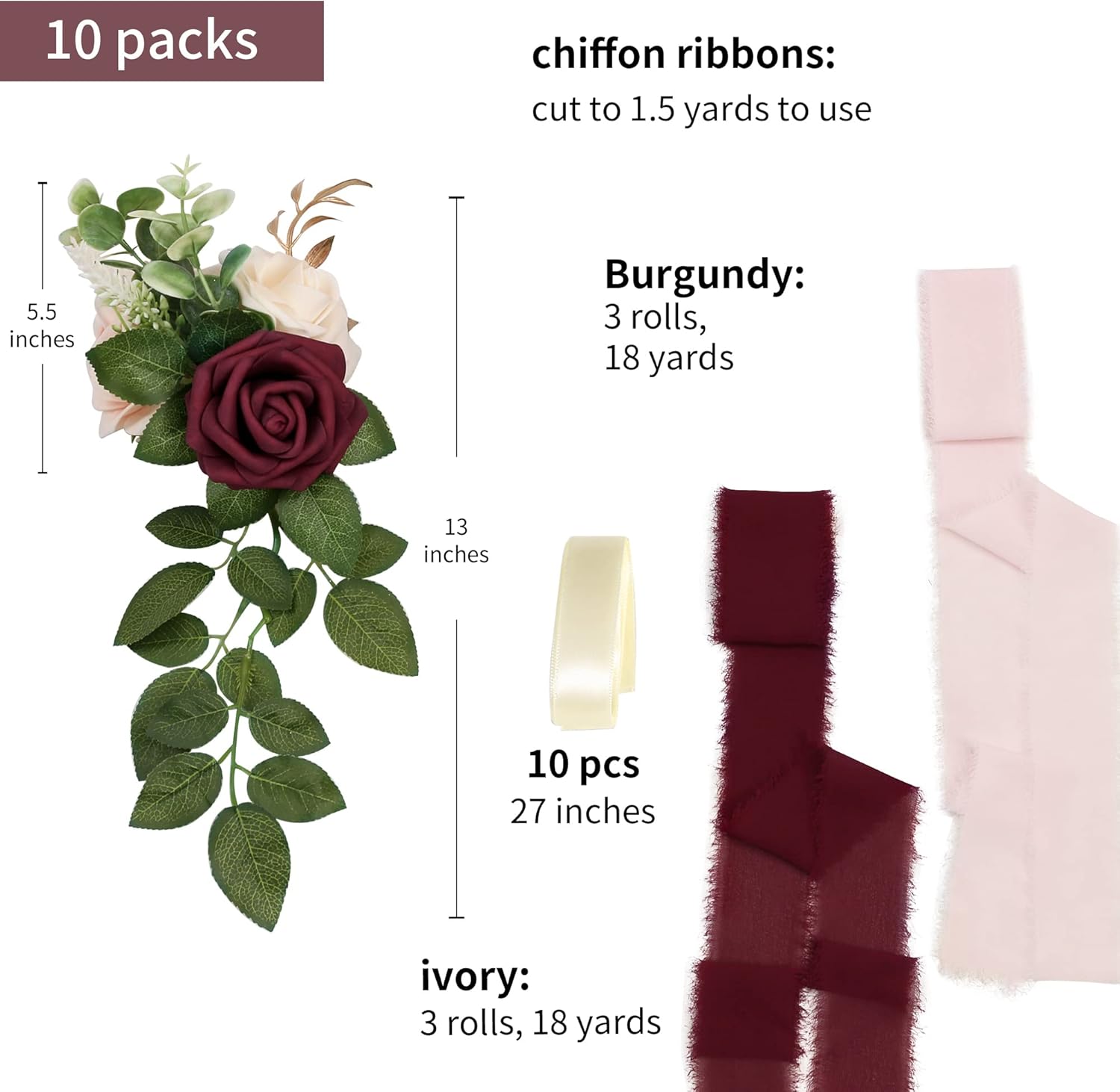 Burgundy Artificial Pew Flowers Set of 10 for Church Aisle Decor