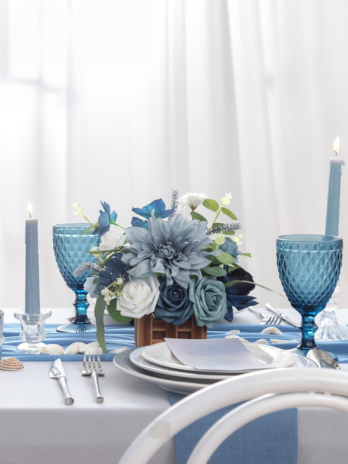 Dust Blue Wedding Centerpiece Flower In Basket Set Of 2 For Tabletop Decor