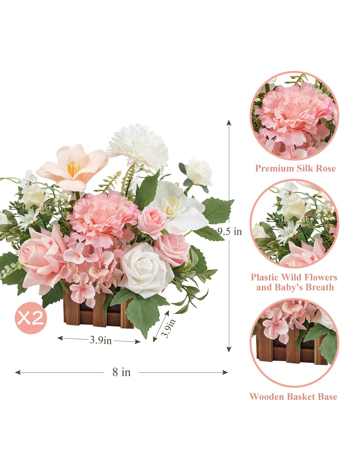 Wedding Centerpiece Flower Basket Set of 2 Peach Pink and White