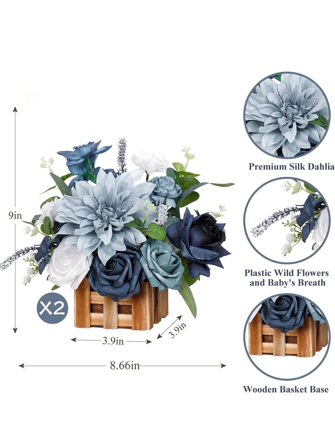Dust Blue Wedding Centerpiece Flower In Basket Set Of 2 For Tabletop Decor