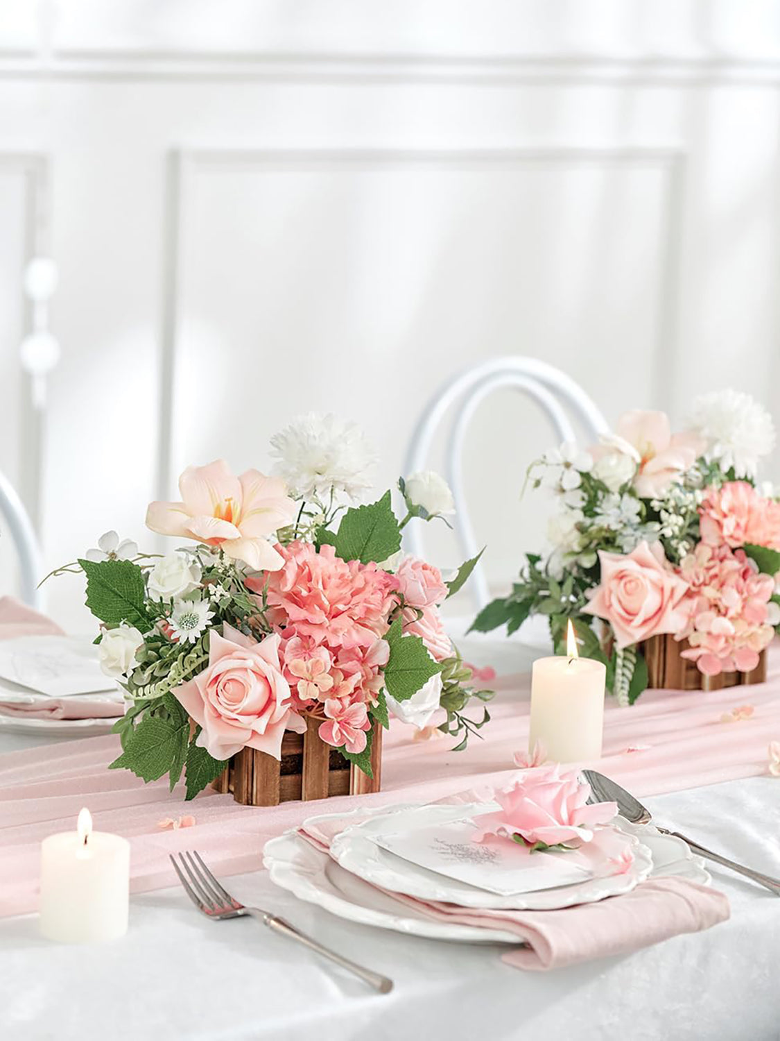 Wedding Centerpiece Flower Basket Set of 2 Peach Pink and White