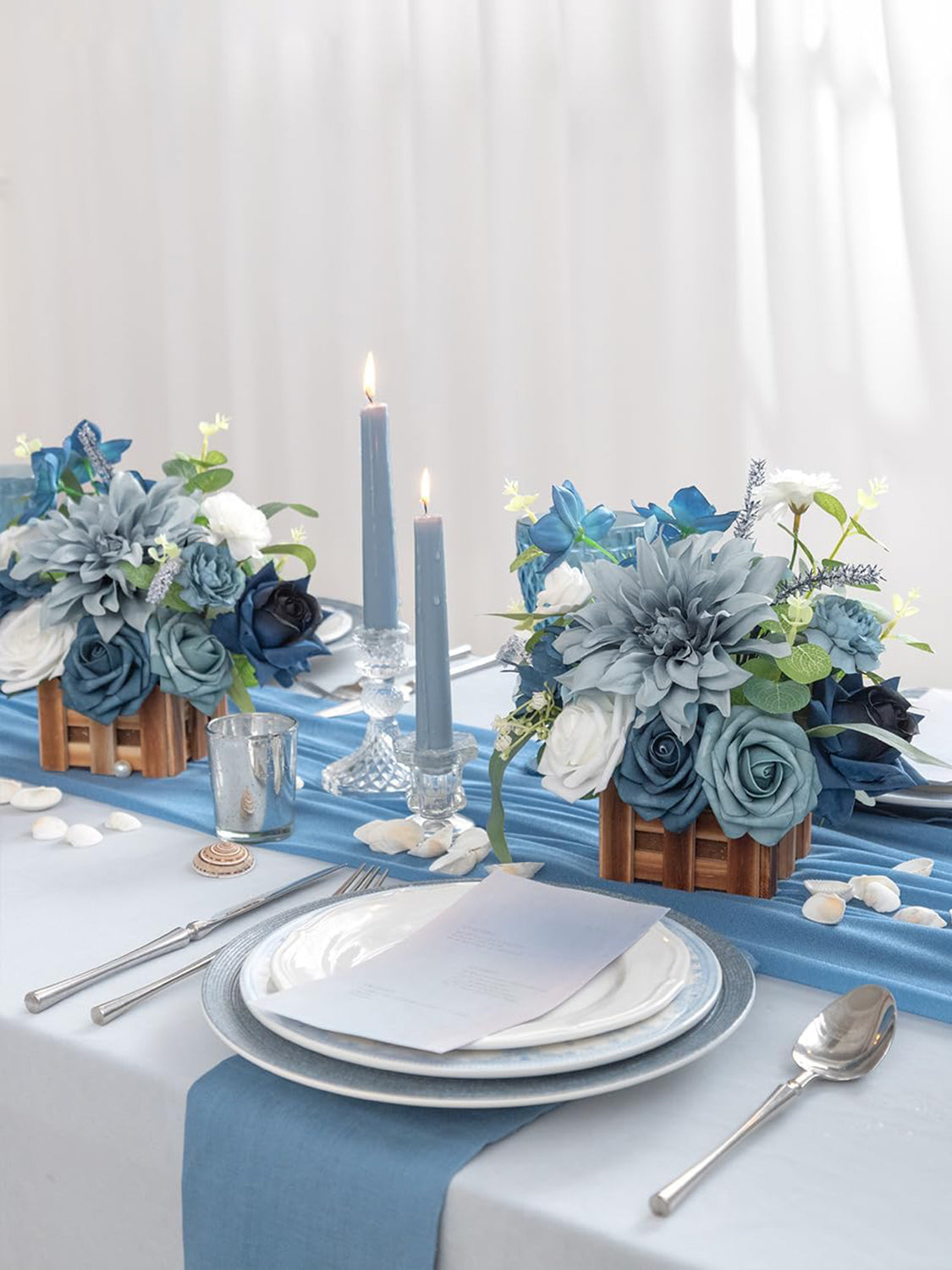 Dust Blue Wedding Centerpiece Flower In Basket Set Of 2 For Tabletop Decor