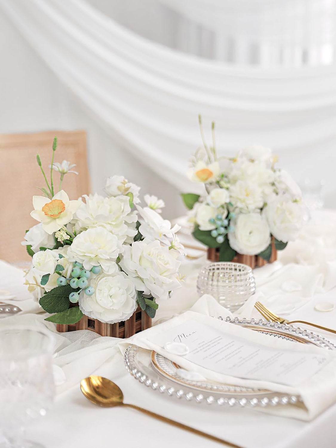 IvoryWhite Wedding Centerpiece Flower With Basket Set Of 2